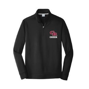 Black pullover with a quarter-zip and the left-chest GR CHEER logo in red and white.