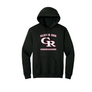 Black hoodie with a red-and-white 'GR' logo and 'Glen Ridge Cheerleading' text on the chest.