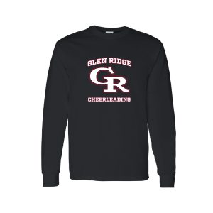 Black long-sleeve shirt featuring a red-and-white Glen Ridge Cheerleading logo with a GR monogram in the center, and 'Glen Ridge' above with 'Cheerleading' below.