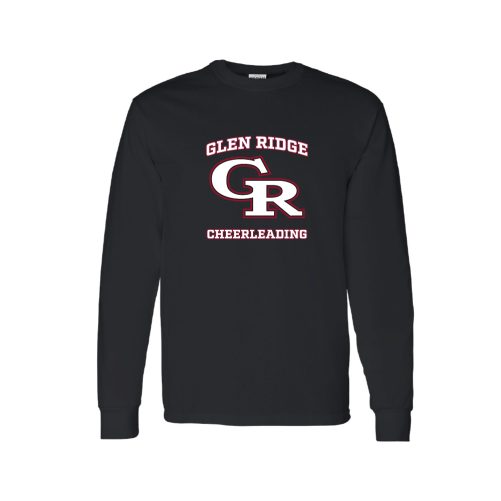 Black long-sleeve shirt featuring a red-and-white Glen Ridge Cheerleading logo with a GR monogram in the center, and 'Glen Ridge' above with 'Cheerleading' below.