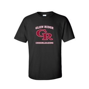 Black T-shirt with red and white 'Glen Ridge Cheerleading' logo and overlapping GR initials