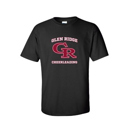 Black T-shirt with red and white 'Glen Ridge Cheerleading' logo and overlapping GR initials