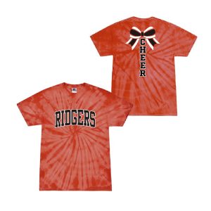 Two red tie-dye T-shirts; one front reads RIDGERS in bold black letters, the other back features a large black-and-white cheer bow with CHEER spelled vertically.