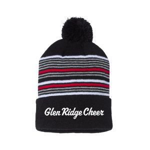 Black knit beanie with a pom-pom and colored stripes, folded cuff reading 'Glen Ridge Cheer' in white script edge to edge