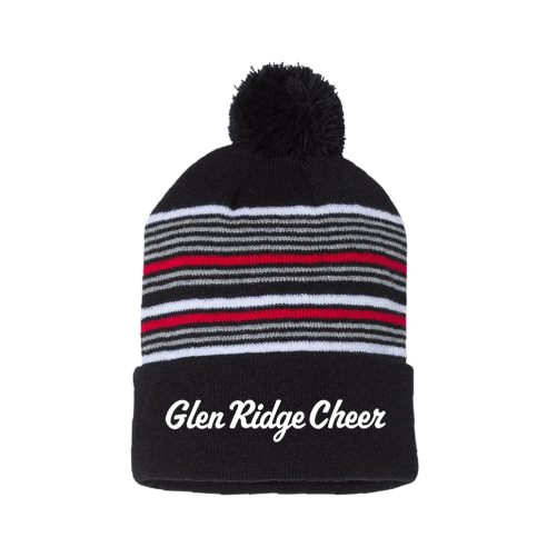 Black knit beanie with a pom-pom and colored stripes, folded cuff reading 'Glen Ridge Cheer' in white script edge to edge
