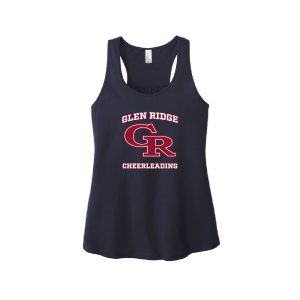 Navy sleeveless cheerleading tank top with a red Glen Ridge logo and CR letters.