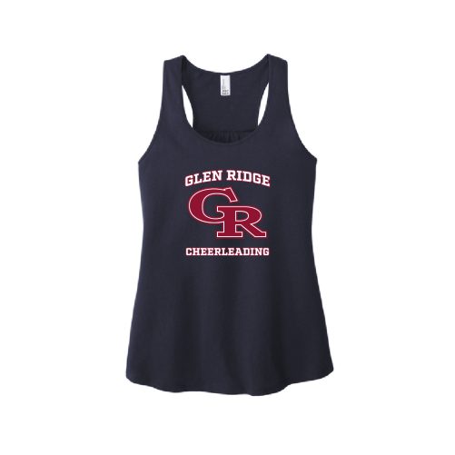 Navy sleeveless cheerleading tank top with a red Glen Ridge logo and CR letters.