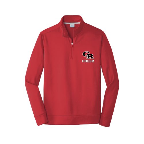 Red pullover sweatshirt with a zip collar and the CR CHEER logo on the left chest (team apparel)