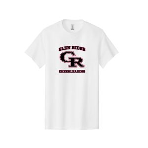 White T-shirt featuring Glen Ridge Cheerleading logo with a large black-and-red GR monogram and arched 'Glen Ridge' above, 'Cheerleading' below