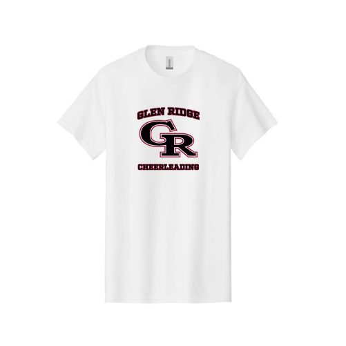 White T-shirt featuring Glen Ridge Cheerleading logo with a large black-and-red GR monogram and arched 'Glen Ridge' above, 'Cheerleading' below