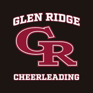 Glen Ridge Cheerleading logo with interlocking GR letters and curved 'Glen Ridge' above and 'Cheerleading' below on a dark background