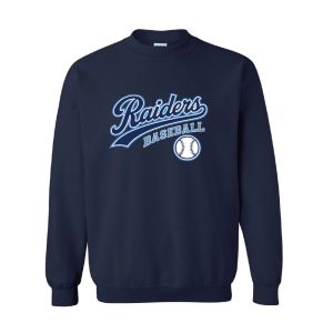 Navy crewneck sweatshirt with a Raiders Baseball logo on the chest, featuring script text and a baseball graphic.