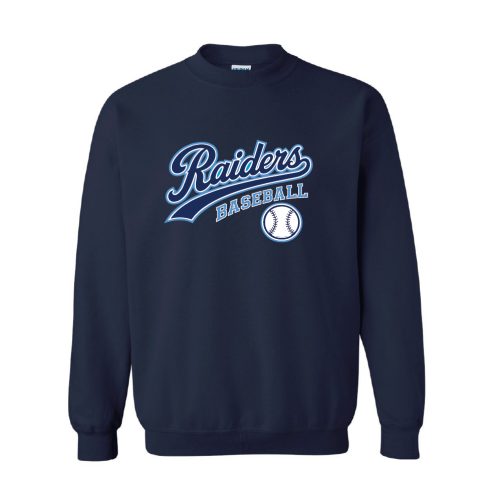Navy crewneck sweatshirt with a Raiders Baseball logo on the chest, featuring script text and a baseball graphic.