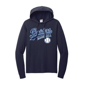 Navy hoodie with a light-blue Raiders Baseball logo and a baseball emblem on the front.