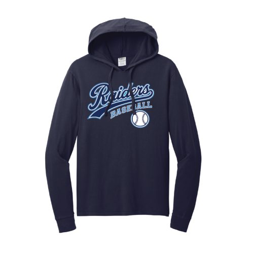 Navy hoodie with a light-blue Raiders Baseball logo and a baseball emblem on the front.