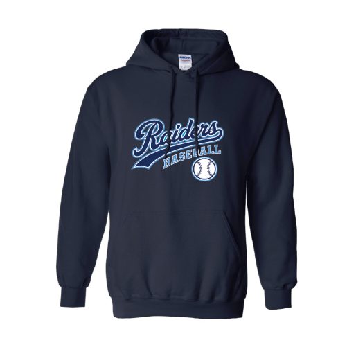 Navy hoodie with a Raiders Baseball logo in light blue on the chest and a baseball emblem nearby