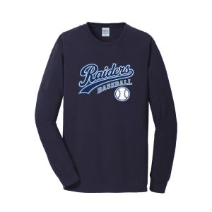 Navy long-sleeve T-shirt with a Raiders Baseball logo and baseball graphic on the chest