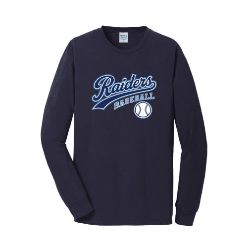 Navy long-sleeve T-shirt with a Raiders Baseball logo and baseball graphic on the chest