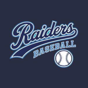 Raiders Baseball logo on a dark blue background with 'Raiders' script, curved underline, 'BASEBALL' text, and a baseball illustration.