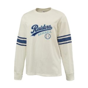 Cream long-sleeve T-shirt with blue Raiders Baseball logo on the chest and double blue sleeve stripes on each arm, varsity style.