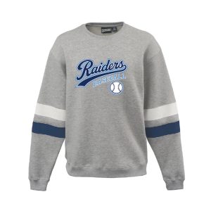Grey crewneck sweatshirt with Raiders Baseball logo and team stripes on sleeves.