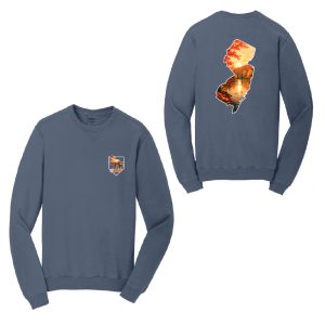 Two blue sweatshirts; one has a small SF Baseball shield logo on the left chest, the other shows a large state-outline design on the back.