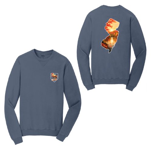 Two blue sweatshirts; one has a small SF Baseball shield logo on the left chest, the other shows a large state-outline design on the back.