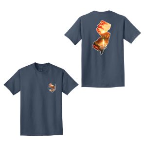 Blue t-shirt shown from the back with a vertical, map-shaped window featuring a sunset lake scene in warm colors on the back panel.