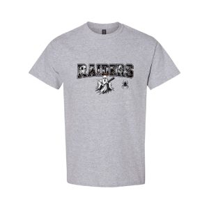 Gray crew-neck T-shirt with a bold 'RAIDERS' graphic, plus a ghostly figure and a small spider on the front.