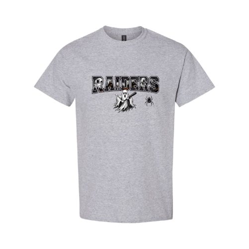 Gray crew-neck T-shirt with a bold 'RAIDERS' graphic, plus a ghostly figure and a small spider on the front.