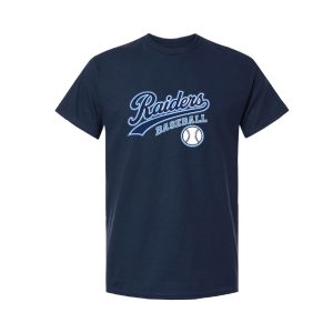 Navy T-shirt with a Raiders baseball logo and a small baseball graphic on the chest collarbone area.