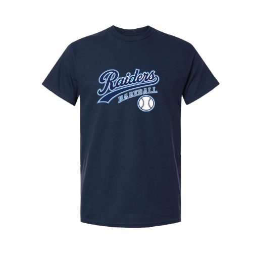 Navy T-shirt with a Raiders baseball logo and a small baseball graphic on the chest collarbone area.